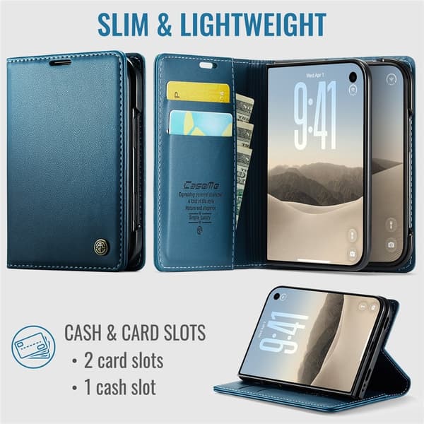 CASEME Glanset telefonlommebokdeksel med litchi tekstur til iPhone Duo Blue