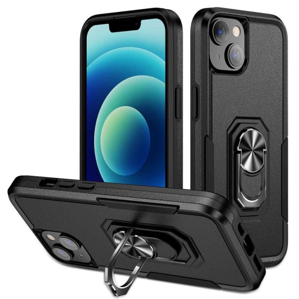 iPhone 14 Stødsikker TPU + PC Kickstand Telefonetui Bilmonteret Metalplade - Sort Black