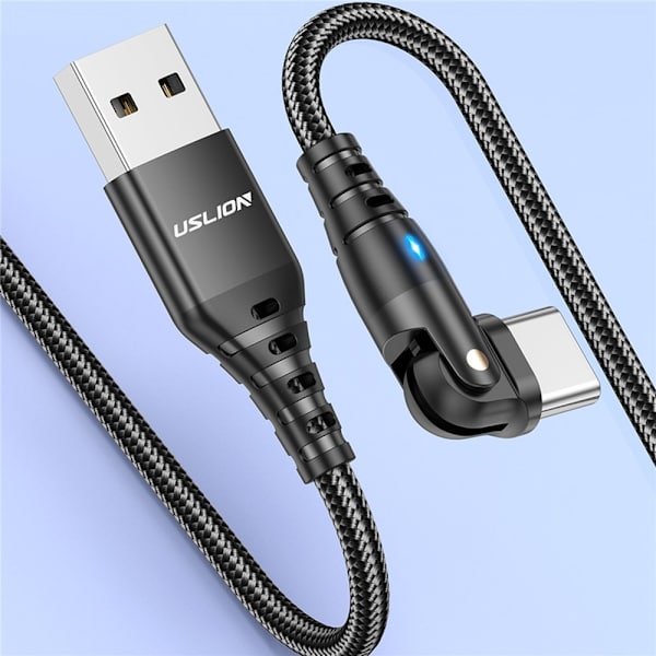 USB-A til USB-C ladekabel 1 m 180 graders roterende vinklet hode 3A Black