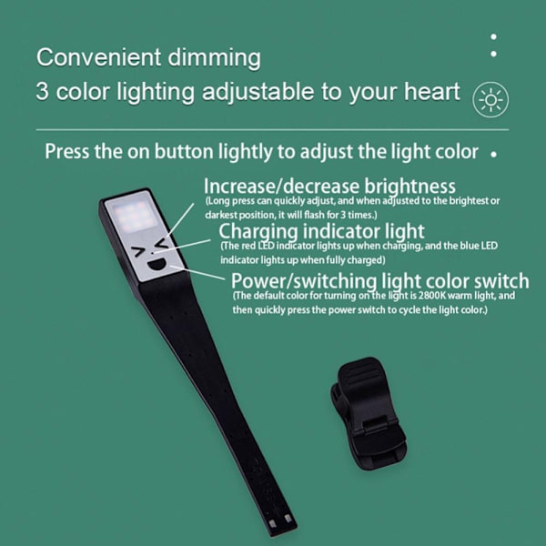 Clip-On Book Light Kolmen kirjavalaisimen kirkkaus Säädettävä lukuvalo Black