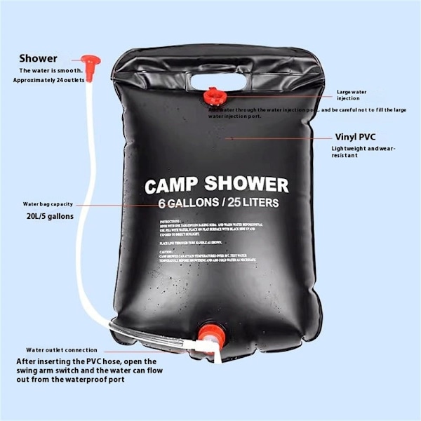 Utomhus Camping Travel Water Bag Dusch portabel duschväska Solvärme Duscha 25L Svart