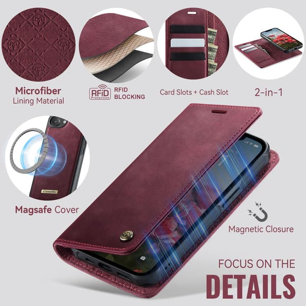 CASEME Til iPhone 17e / 16e  Lommebokdeksel Magnetisk Avtakbar RFID Beskyttelse Red