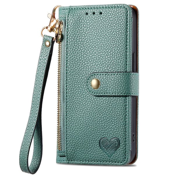 For iPhone 17 Cover RFID-blokering Lynlåslomme Tegnebogsetui med Rem Green