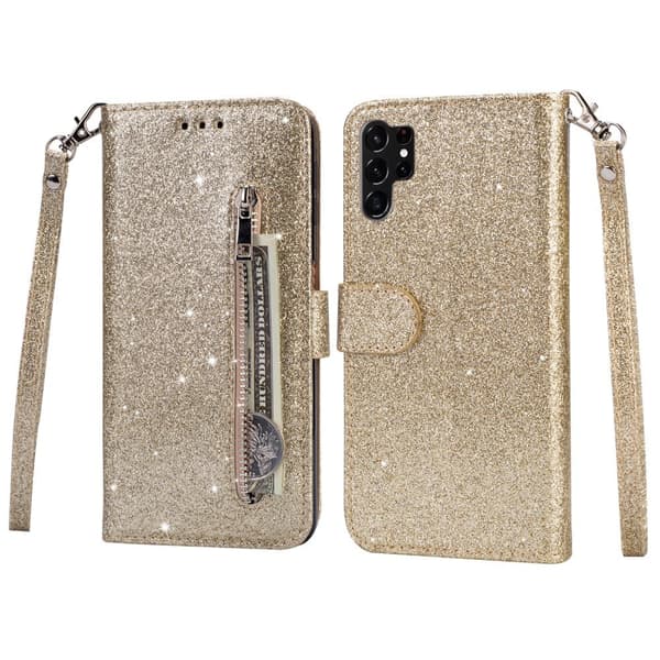 För Samsung Galaxy S25 Ultra Ställbart Glitterfodral med Dragkedjeficka Guld