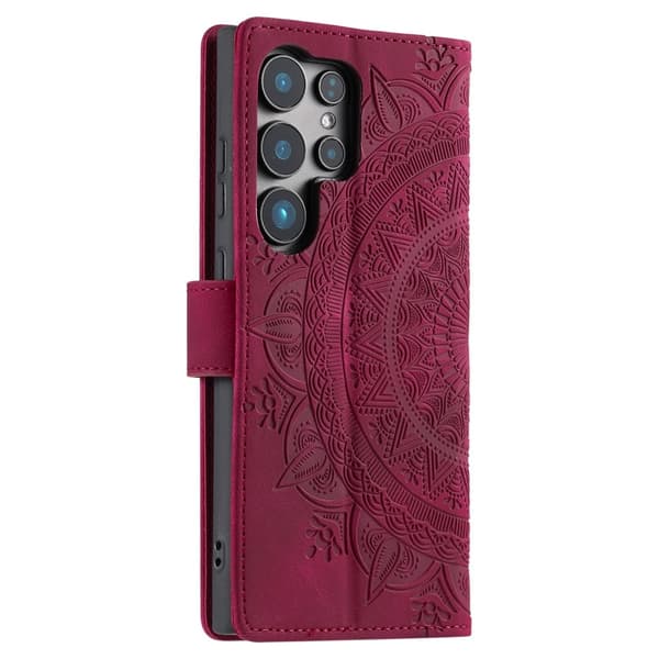 For Samsung Galaxy S25 Ultra Lommebok Deksel Shell Mandala Blomstermønster Red