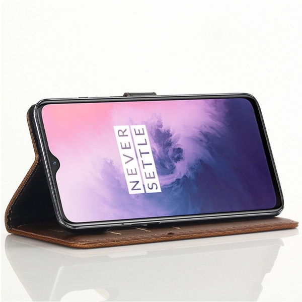 Retrotyylinen lompakkotelineen cover OnePlus 7:lle – kahvia Brown