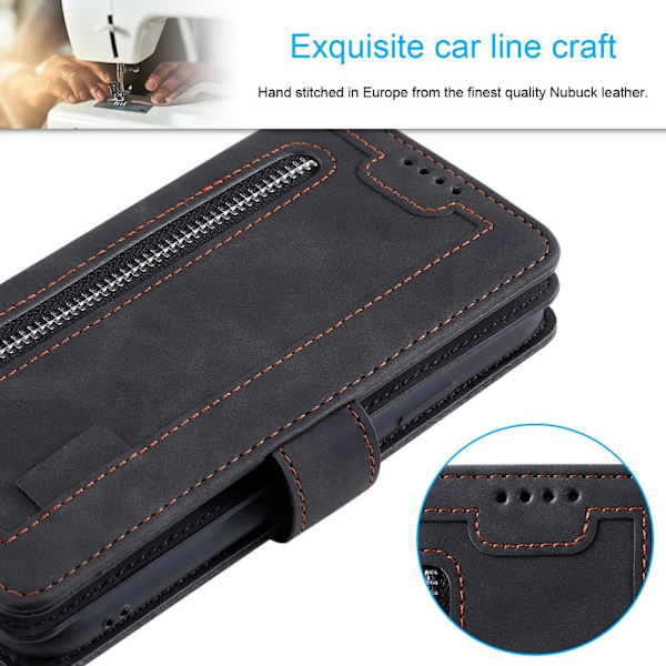 Til Xiaomi Redmi 14C Etui med Lynlåslomme og 9 Kortlommer – Sort Black