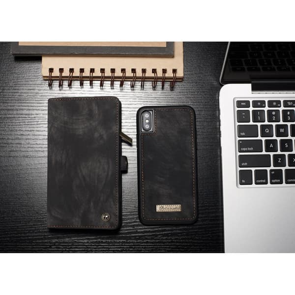 CASEME till iPhone X / XS Retro Split läder plånboksfodral - Grå grå