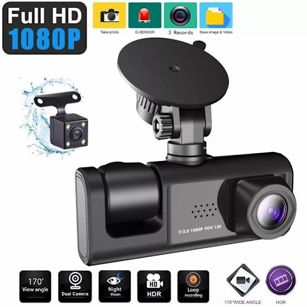 Bilkamera 3 objektiv vidvinkel 1080P HD bil DVR Dash Cam parkeringsmonitor Svart