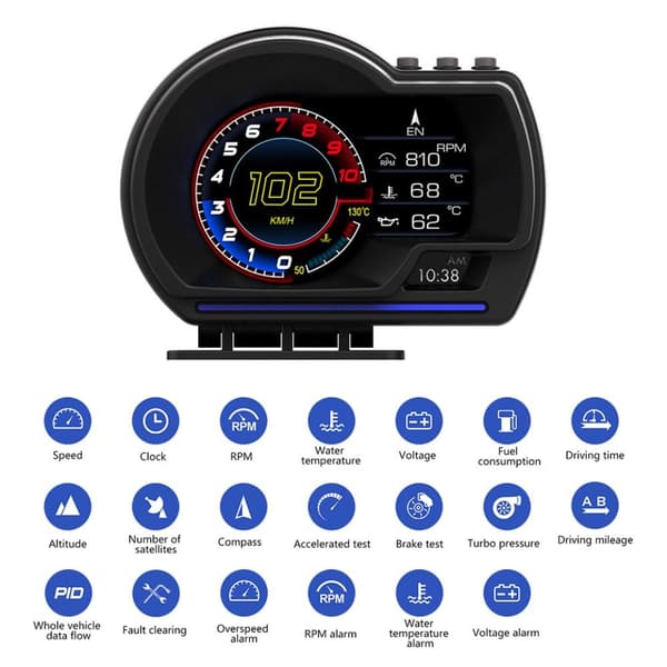 Hastighetsmätare HUD OBD2 GPS Display överhastighet varvtalslarm Svart