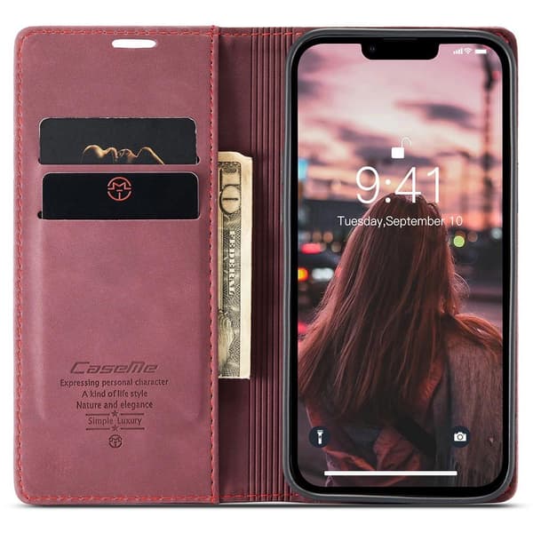 CASEME Retro lompakkokotelo iPhone 15 - Punainen Red