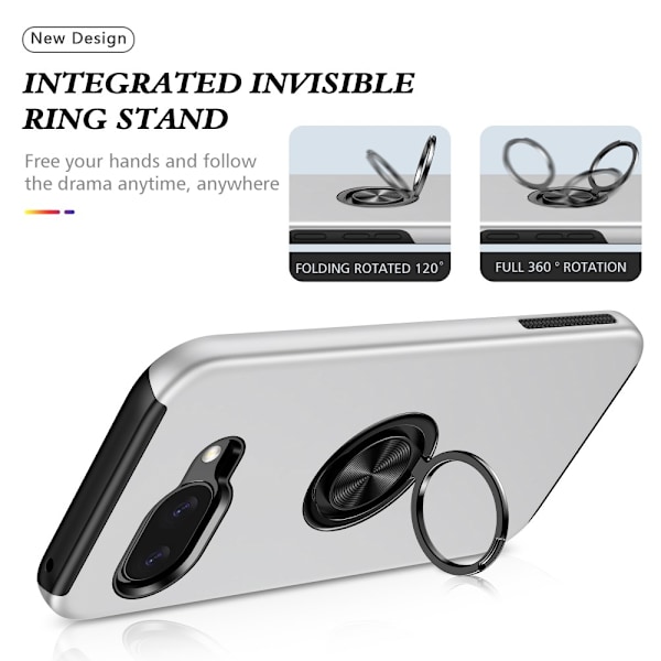 Til Google Pixel 9A Fingerring Kickstand Hybrid Taske Silver
