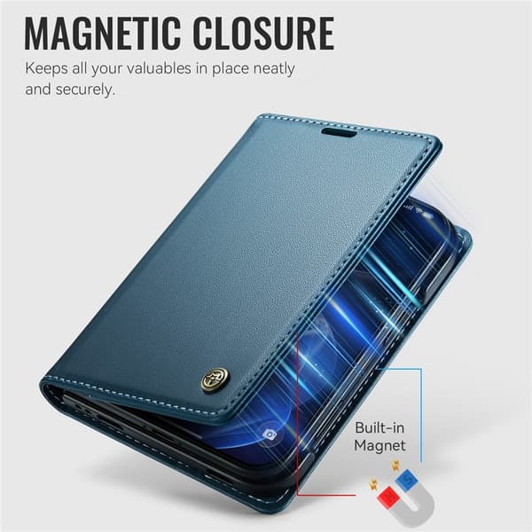 CASEME Glanset telefonlommebokdeksel med litchi tekstur til iPhone Duo Blue
