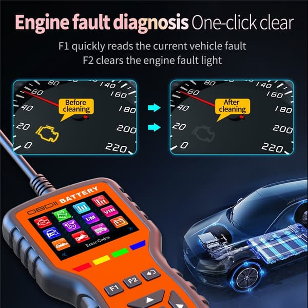 2-i-1-feilkodeleser: OBD2-skanner og batteritester – 40 000 feilkoder – Motordiagnostikk Orange