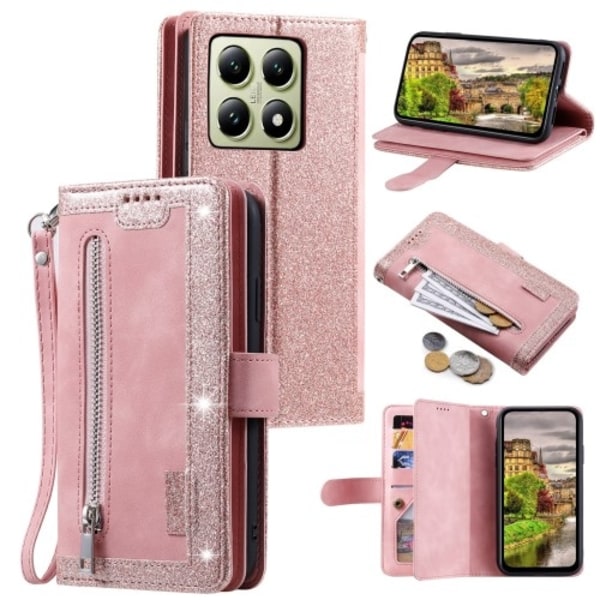 For Xiaomi 14T Pro Case Zipper Pocket PU Leather Phone Cover with 9 Card Slots Pink gold