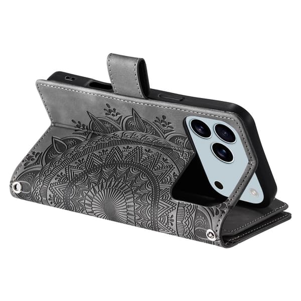 Plånboksfodral kompatibelt med iPhone 17 Pro Max, Fodral Skal Mandala blommönster - Grå grå