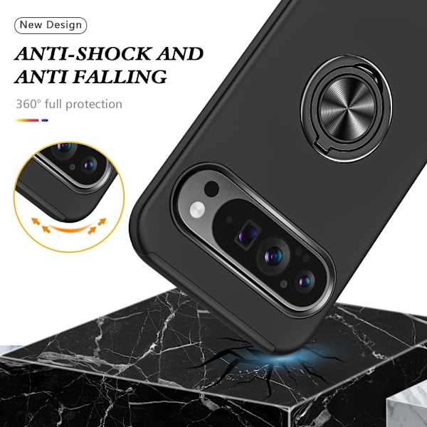 Til Google Pixel 9 Pro XL Fingerring Kickstand Hybrid Taske - Sort Black