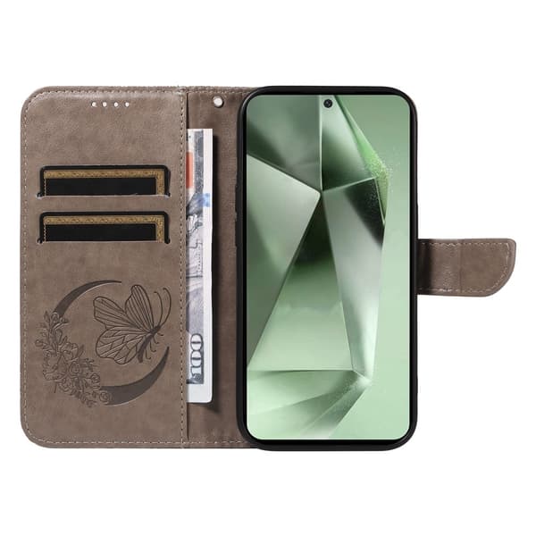 Til Samsung Galaxy S24 FE Etui Stand Tegnebog Etui Sommerfuglemønster Grey