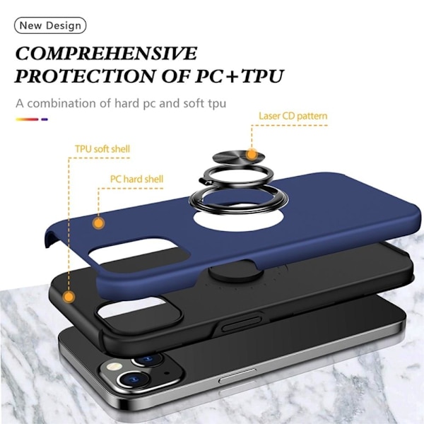 iPhone 14 Fingerring Kickstand Hybrid Taske - Blå Blue