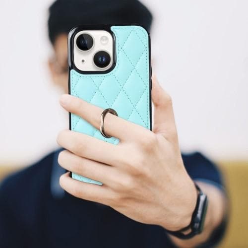 iPhone 14 Rhombus Grid Mönster Skal FingerRing - Sky Blue Ljusblå