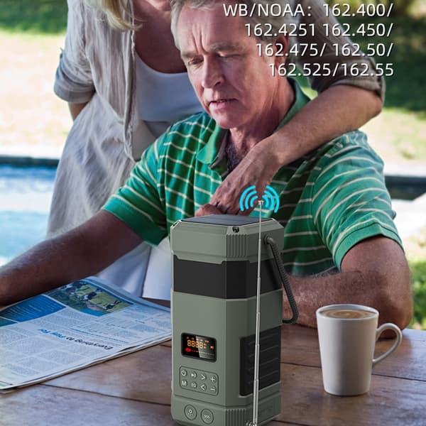 Nødradio, solpaneler, håndsving, Bluetooth, højttaler, lys, IPX5-vandbestandighed, SOS Green