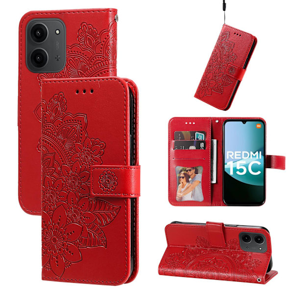 För Xiaomi Redmi 15C Stativfodral Mandala Plånboksfodral Röd
