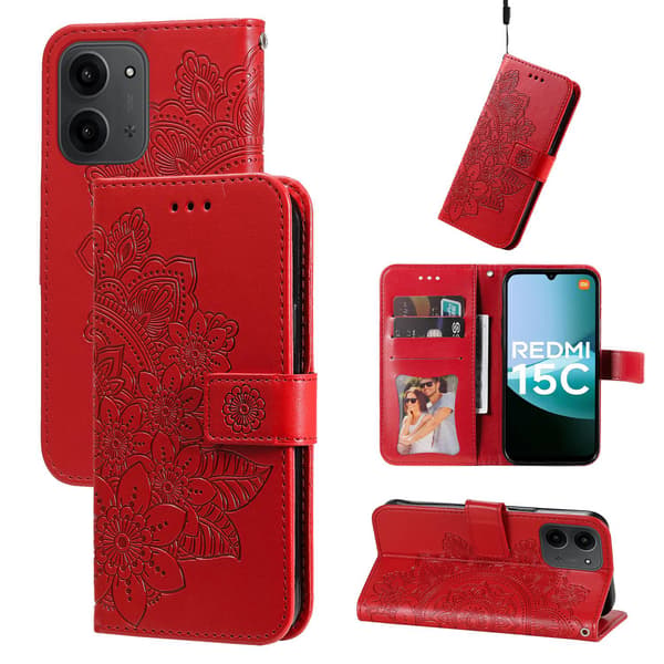 Til Xiaomi Redmi 15C Stand Cover Mandala Tegnebogsetui Red