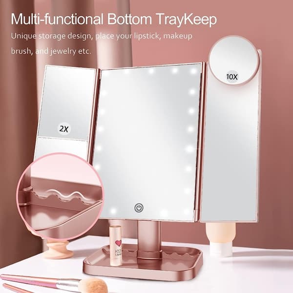 3 - sidet sammenfoldelig makeup spejl, der kan dæmpes lys 22LED bordspejl - Lyserød Pink
