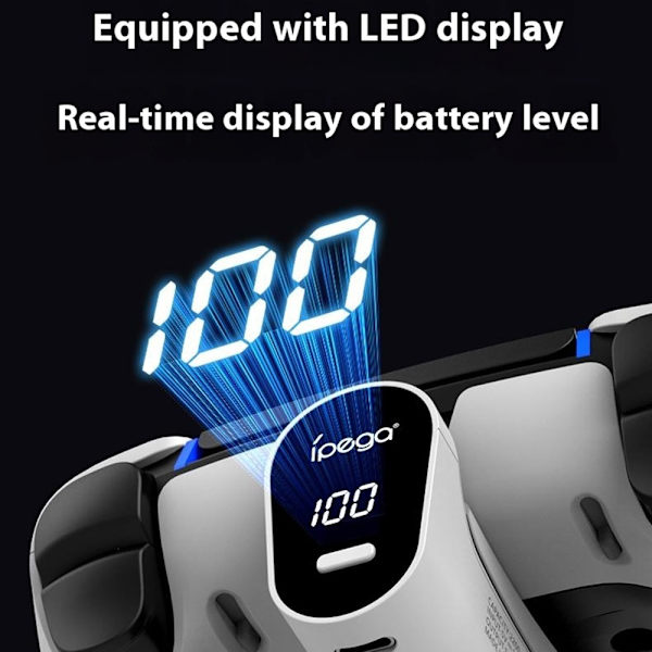 IPEGA för Sony PlayStation 5 spelkontroll LED-skärm 2000mAh externt batteripaket Vit