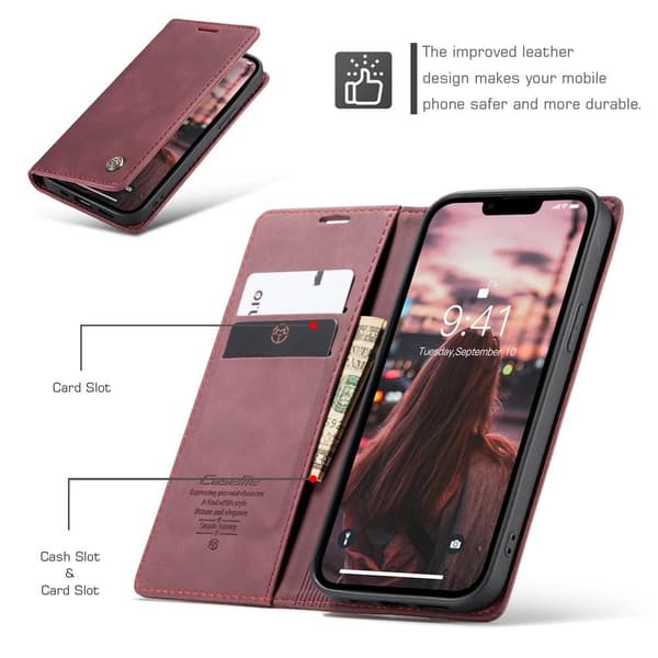 CASEME Retro lompakkokotelo iPhone 15 - Punainen Red