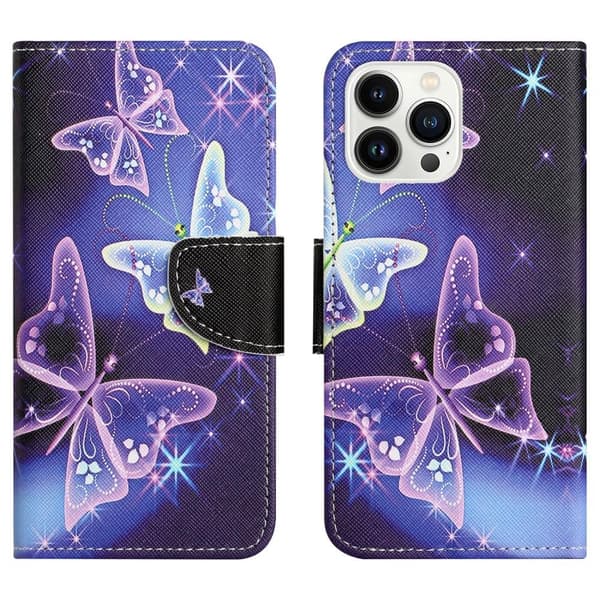 Til iPhone 15 Pro Wallet Stand Case Telefoncover - Sommerfugle Purple