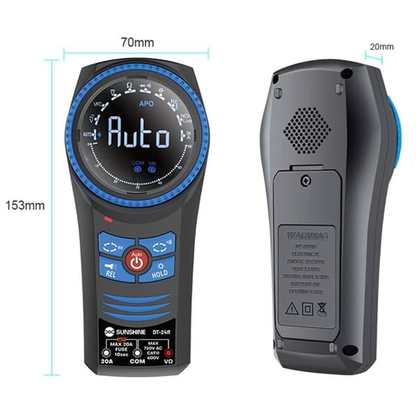 SUNSHINE Roterende Multimeter Auto Range Håndholdt Spændingsmodstand Kontinuitetstester Black