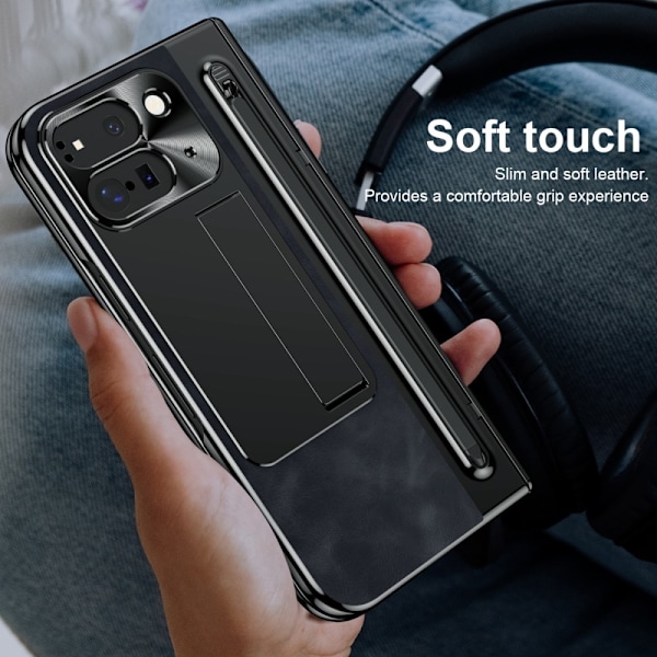 För Google Pixel 9 Pro Fold 5G Fodral Kickstand Läder+PC Skal med Härdat Glas och Styluspenna - Svart Svart