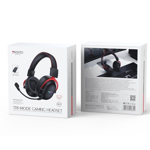YESIDO Gaming Headset Bluetooth 2.4G Kablede Over-Ear Hodetelefoner Mikrofon Black