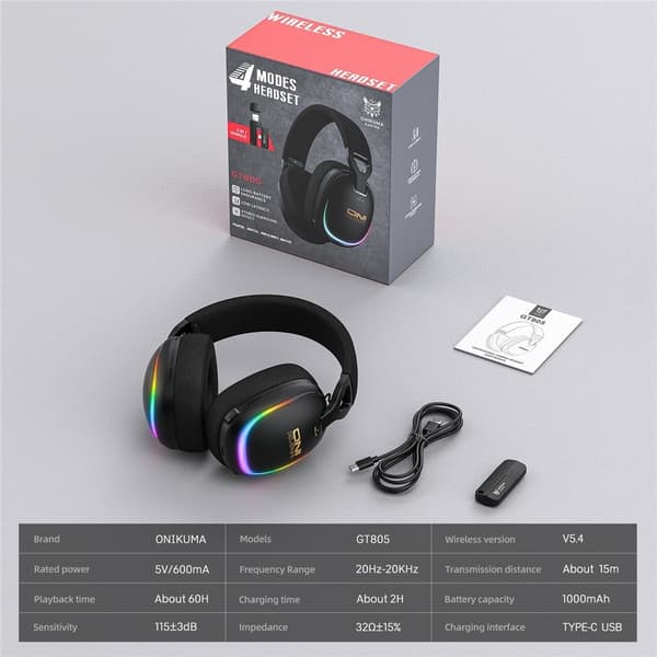 ONIKUMA GT805 Gaming Headset 4 Tilstande Trådløs/Kabelbaseret Over-Ear RGB - Sort Black