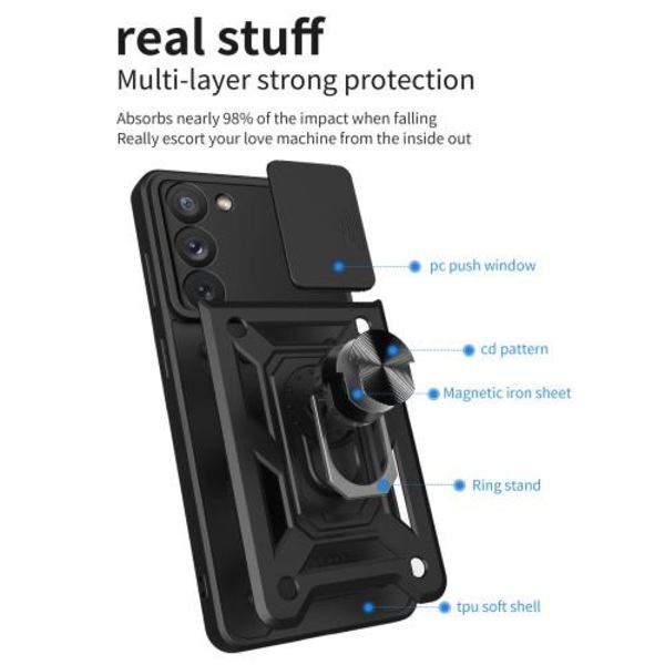 Samsung Galaxy S23 Iskunkestävä TPU+PC Kickstand Puhelinkotelo Autoteline Metallilevy - Musta Black