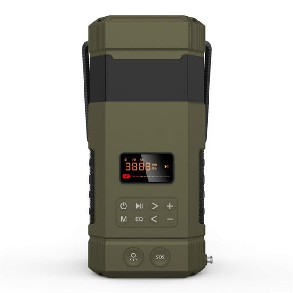 Nødradio, solpaneler, håndsving, Bluetooth, højttaler, lys, IPX5-vandbestandighed, SOS Green