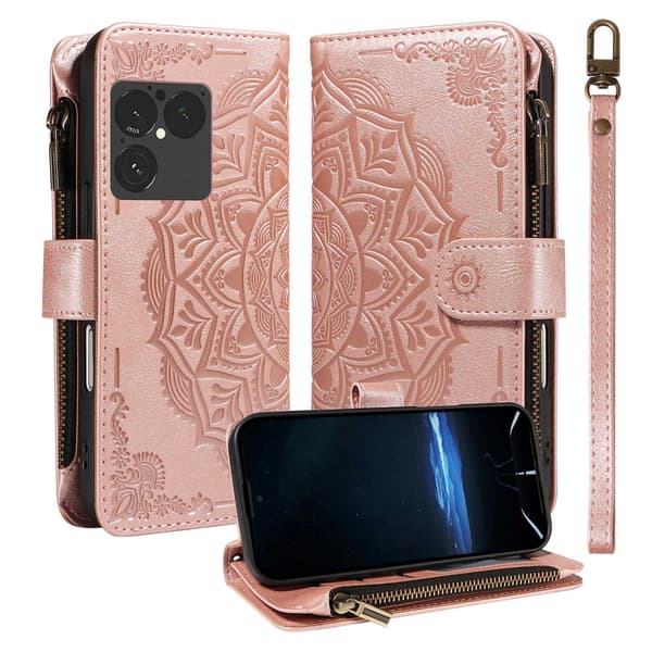 Lommebokdeksel med Mandala-mønster og Håndleddsstropp til Sony Xperia 1 VIII Pink gold