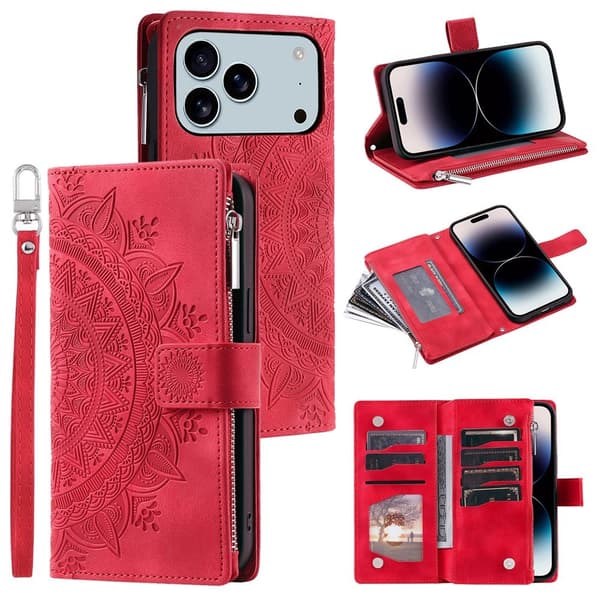 Pungetui kompatibelt med iPhone 17 Pro Max cover etui mandala blomstermønster Red