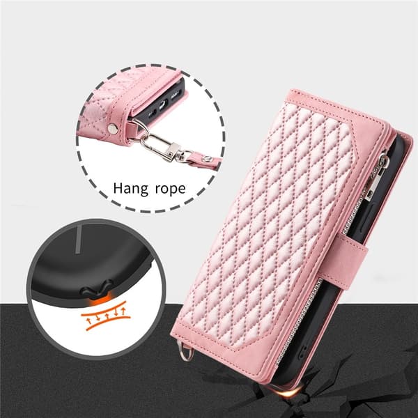 Google Pixel 10 Pro XL Zipper Wallet Case Rhombus Stitching Line Puhelinsuojus Pink