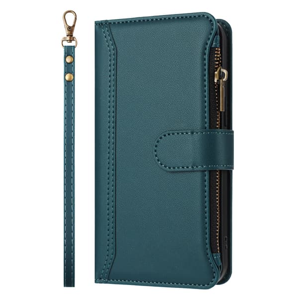 Til Sony Xperia 10 VII Etui med 9 kortpladser, lynlåspung og stativ Green