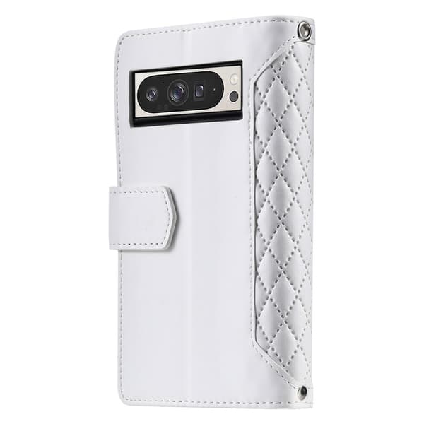 Google Pixel 10 Pro XL Zipper Wallet Case Rhombus Stitching Line Puhelinsuojus White