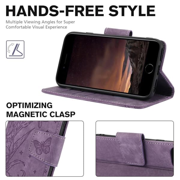 Til iPhone 17e / 16e Etui Sommerfugl Blomst Ridsefast Telefoncover Purple