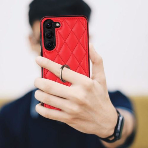 Samsung Galaxy S23 Rhombus Grid Mønsterveske Fingerring - Rød Red