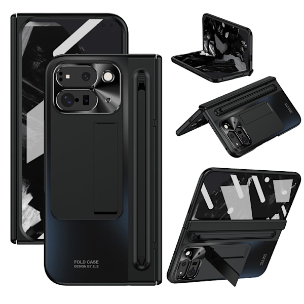 Til Google Pixel 9 Pro Fold 5G Etui Kickstand med Hærdet Glasfilm, Stylus - Sort Black