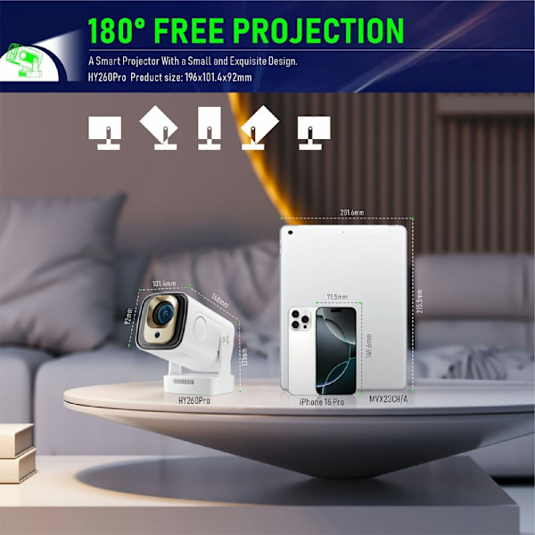 HY260 Pro -projektori 1 Gt + 8 Gt Android 11.0 WiFi6 BT5.4 Kotiteatteri 200 ANSI Lumenia White