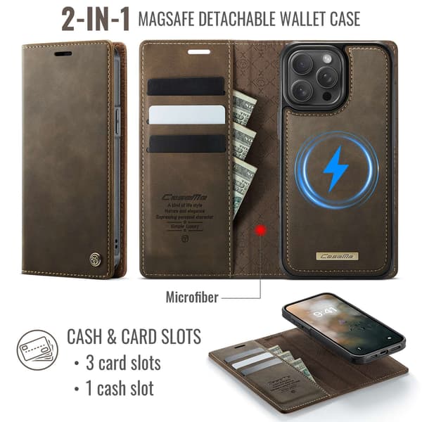 CASEME Til iPhone 15 Pro Max Lommebokdeksel Magnetisk Avtakbar RFID Beskyttelse - Coffee Brown