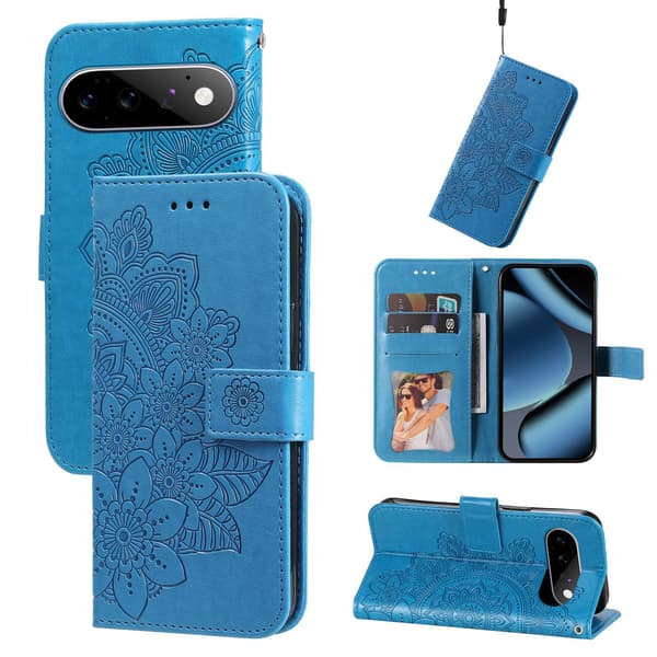 Blomstermønstret telefonlommebokdeksel til Google Pixel 11 Pro og Google Pixel 11 Blue