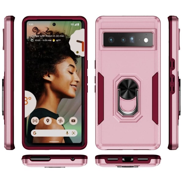 Google Pixel 7 Pro Hybrid skal med Finger Ring & Metall Plåt - Rosa Rosa