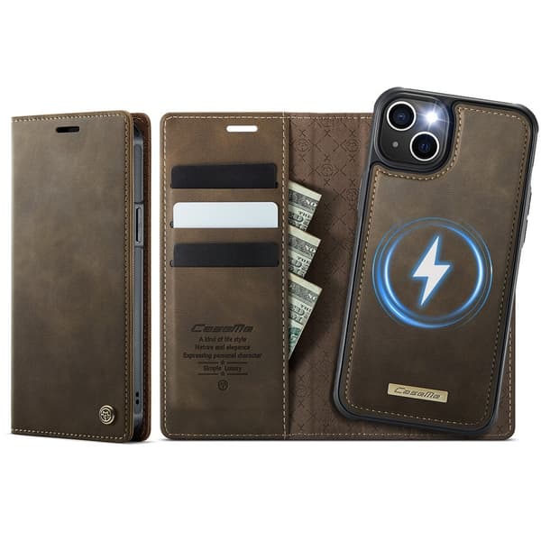 CASEME Til iPhone 15 Lommebokdeksel Magnetisk Avtakbar RFID Beskyttelse - Coffee Brown